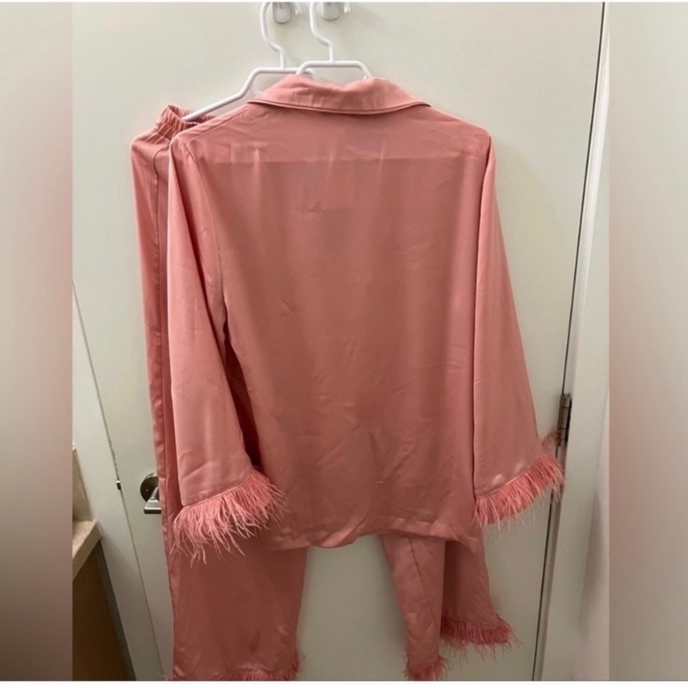 RARE miss Lola pink feather trim satin set NWT lounge set pajamas - Picture 4 of 5
